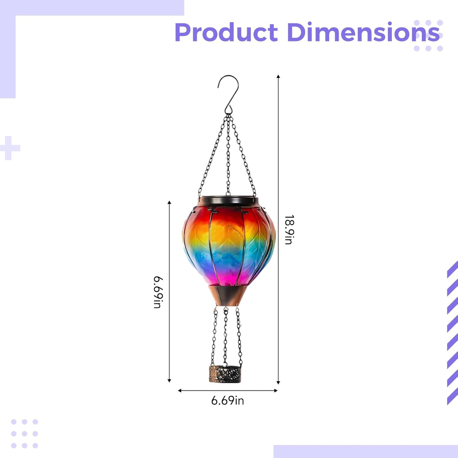 Hanging Hot Air Balloon Solar Lantern, Rainbow Metal Glass, Ip44 Waterproof Outdoor Led Lamp for Garden, Patio & Yard Decor