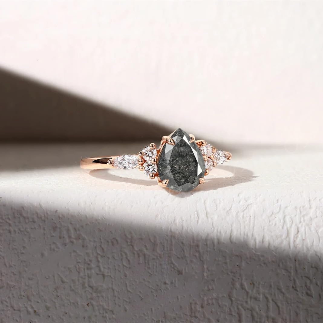 YDD Vintage 1CT Pear Cut Natural Salt and pepper Diamond Engagement Ring for Women S925 10k/14k/18k Rose Gold Solitaire Promise Ring Unique Art Deco Wedding Anniversary Ring for Her Free Engraved
