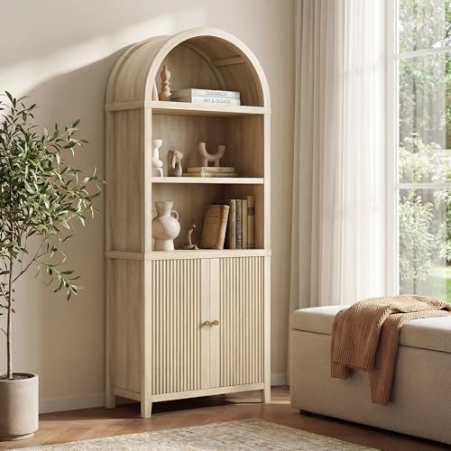 Image of ModernMate 76 inch Tall Arched Bookcase, 5 Tier Fluted Cabinet with Doors & Adjustable Shelves, Large Arch Bookshelf with Storage, Modern Open Display Tall Pantry for Living Room, Office, Natural Oak