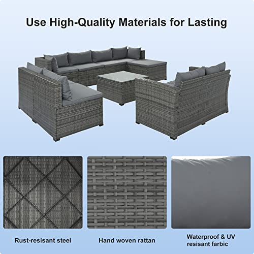 Zevemomo 9-Piece All Weather Wicker Furniture Coffee Table Outdoor Sectional Sofa Garden Backyard Poolside, Patio Conversation Set Gray #TOP3