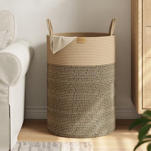 Image of Nunsino Tall Laundry Basket Hamper 95L,Cotton Rope Storage Hamper with Reinforced Handles,Decorative Blanket & Toy Basket for Living Room, Bedroom, Nursery, Dark Brown