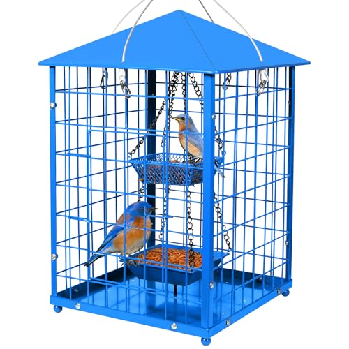 Mosloly Bluebird Feeders Squirrel-Proof, 7 lbs, Large Heavy Metal Caged Mealworms Blue Bird Feeders for Outside, Weatherproof Wild Bird Feeder,2 Layer Seed Cups(Blue)