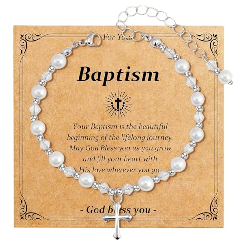 Vexilon White Pearl Bracelet with Cross Charm, Adjustable Cross Communion Bracelet, Baptism Gifts for Girls, First Communion Gifts