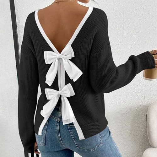 Y2k Bow Sweater Knit Ribbed Pullover Round Neck Backless Patchwork Trendy Cropped Sweaters 2025 Elegant Fall Clothes2