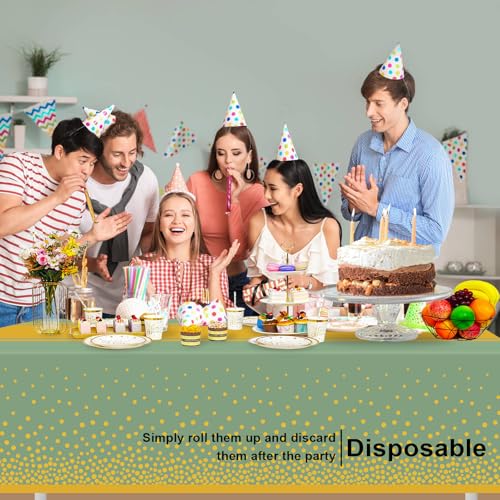 Image of 12 Pack Sage Green and Gold Tablecloth Party Decorations Plastic Sage Green Tablecloth Printed Gold Table Runner 54 x108 Inch Disposable Rectangle Table Cover for Birthday Wedding Graduation