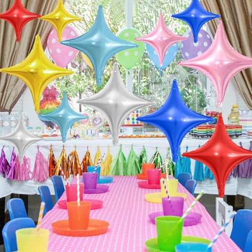 Image of Colorful Star Balloons,12Pcs Four Angle Star Foil Balloons | 26Inch and 10Inch Colorful Quadrangle Star Helium Balloon for Birthday Baby Shower Wedding Party Decorations