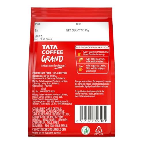 Image of Tata Premium Instant Coffee, 90g /100g Pouch, 100% Pure Coffee, With Flavour Locked Decoction Crystals, Rich Aroma & Great Taste (Pack of 2)