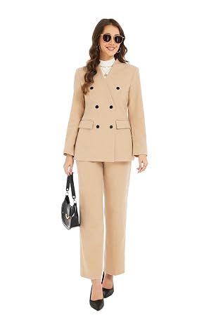 Lamgool Women Suit 2 Pieces Double Breasted Wool-Look Pants Set for Work