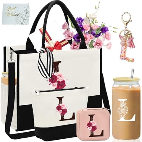 AiHeart Birthday Gifts for Women,Initial Canvas Tote Bag,Initial Gifts for Women,16oz Initial Glass Cup,Initial Makeup Bag with Zipper,Jewelry Organizer Box,Personalized Gifts for Women,Mom-L Cover