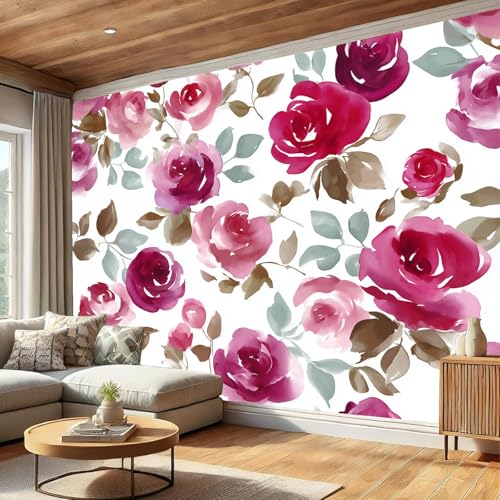 Papel Pintado 3D de Rosas Rojas Burdeos 150x105cm Mural de Acuarela 5