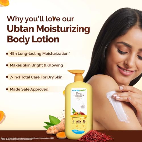 Image of Mamaearth Ubtan Moisturizing Body Lotion with Turmeric & Saffron for Glowing Skin 600 ml | 48H Moisturization | Nourishes Dry Skin | 7in1 Total Care | 100% Natural Butter | Non-Greasy Smooth