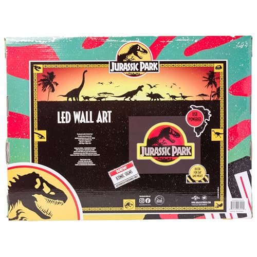 Image of Silver Buffalo Jurassic Park LED Neon Wall Art Die Cut 19 inch x .59 inch x 14 inch | Tyrannosaurus rex logo design, LED neon tube accents, Ready to display decor piece, Boxed presentation packaging