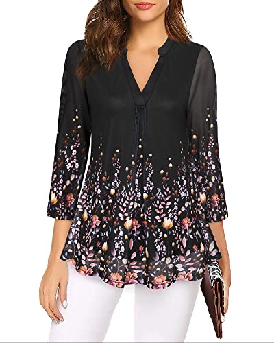 Triratna Womens Tops 3/4 Sleeves Dressy Casual,Black Tops For Women Business Casual Outfit Women's Tunics Floral Blouse For Women Ladies Spring Shirt 2023 Tunic Tops To Wear With Leggings Black Pink,L #TOP1