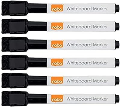 Nobo Mini Whiteboard Pens With Magnetic Eraser Cap, 2mm Fine Tip, Pack Of 6, Dry Wipe/Erase, Low Odour, Black, 2104184