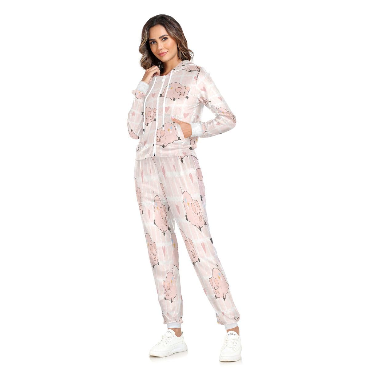 Conjunto deportivo de 2 piezas para mujer, diseño de corazones de cerdo rosa, manga larga, conjunto deportivo de animales de cerdo
