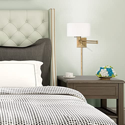 Image of Livex Lighting 40036-01 1-Light Swing Arm Wall Light, Antique Brass | Off-White Fabric Shade
