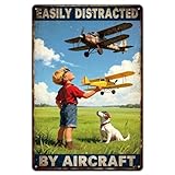 GLOBLELAND Vintage Metallschild, 30x20 cm, Rechteckig, Flugzeug-Design, Retro Wanddekoration mit 'Easily Distracted by Aircraft' Motiv, für Innen und Außen, mit Vormontierten Löchern