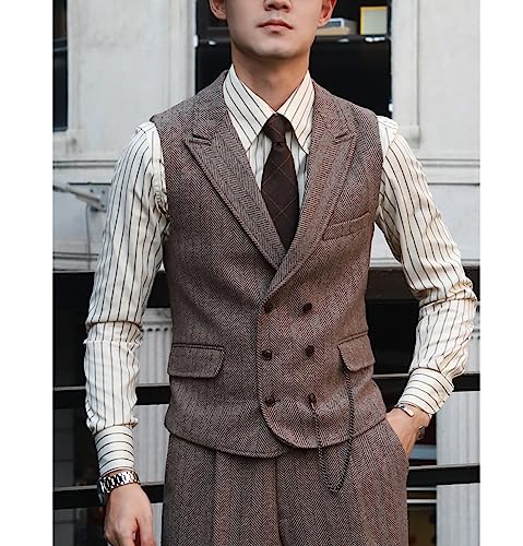 Men Vests Wool Herringbone Tweed Suit Vest Double Breasted Waistcoat2