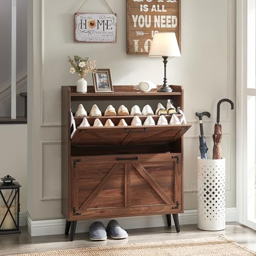 Shoe Storage Cabinet with 2 Flip Drawers, Farmhouse Hidden Shoe Organizer, Narrow Slim Shoe Rack Cabinet for Entryway Hallway,Walnut