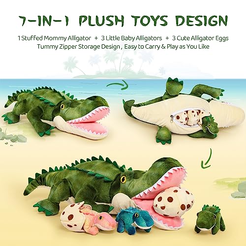 Morismos Plush Alligator Stuffed Animal-23.6'' Mommy Stuffed Crocodile With 3 Baby Crocodile Stuffed Animals & 3 Crocodile Egg Plush Toys Inside Zipper Tummy, Stuffed Alligator Toys For Kid Christmas #TOP2