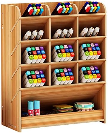 Wooden Pen Holder Storage Box, Multifunctional Desk Organiser Desk Tidy Pen Holder for Home, Office and School (Cherry Color)