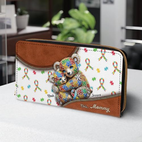 Autism Mom - Personalized Autism Awareness Leather Long Wallet, Women PU Leather Wallet with Credit Card Holder Multiple Card Slots Clutch Zip Around Purse3