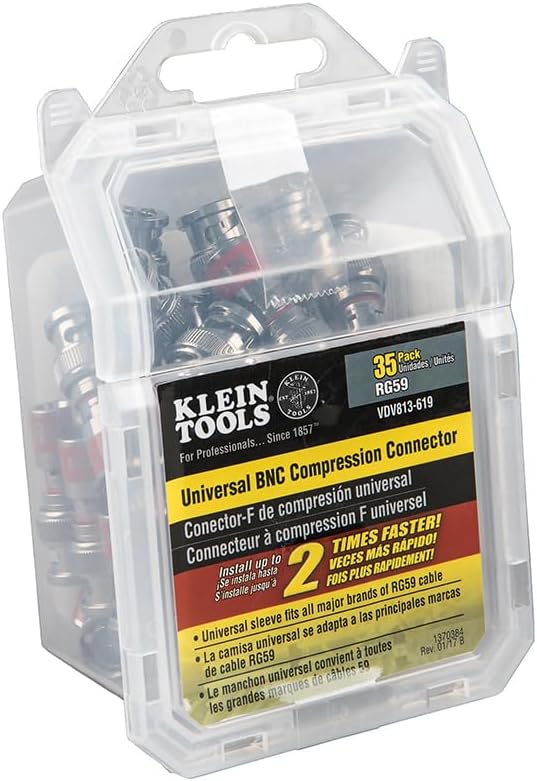 Klein Tools VDV813-619 Universal BNC Compression Coax Connectors, With Universal Sleeve Technology, for RG59 Coaxial Cables, 35-Pack
