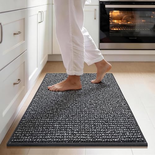 JSEI Kitchen Rugs, 17''x30'' Non-Slip Kitchen Mats for Floor, Machine Washable Absorbent and Stain Resistant Kitchen Runner, Carpet Mats with TPR Backing for Kitchen, Charcoal