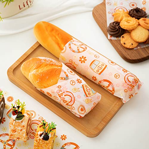 100 Pcs Hippie Wax Paper Sheets for Food, Wax Paper for Food Sandwich Wrap Paper Deli Wraps, Waterproof Oil-proof Picnic Basket Liners with Flower Pattern for Kitchen Handmade Food