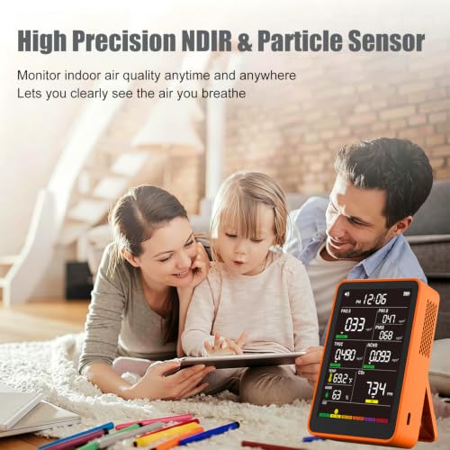 Image of 16-in-1 Indoor Air Quality Monitor, High-Precision Multi-Parameter Smart Air Quality Tester with HD Real-Time Color Screen, Portable Air Quality Monitor for Home, Office, Cars (Vibrant Orange)