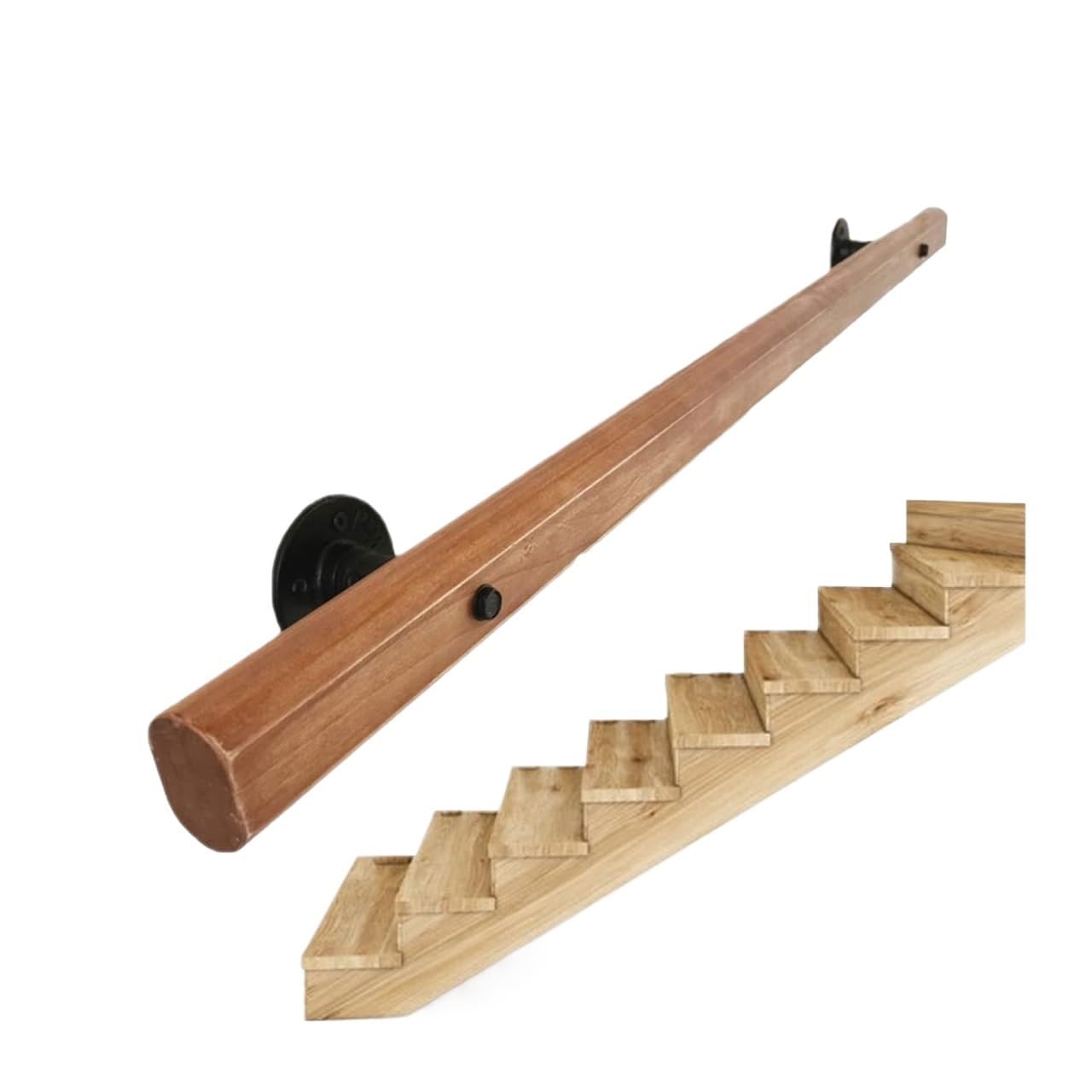 Kit de rampe d'escalier en bois massif 300cm et main courante fer forge mural