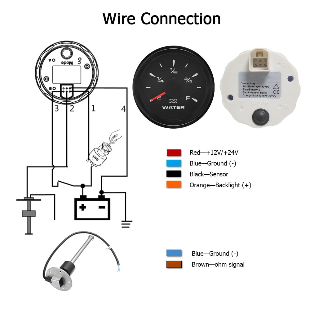 ELING 52 mm Wasserstandsanzeige Signal einstellbar mit 0–190 Ohm Wasserstands Sendeeinheit Sensor 225 mm lang 5-Loch-Montage für Marine Motorboote