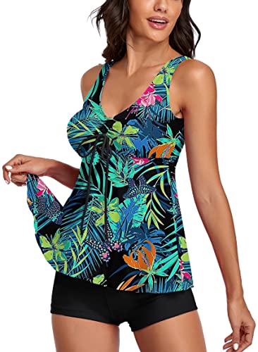Image of Modest Tankini Swimsuits for Women Two Piece Bathing Suits Floral Print Tank Top with Boyshorts Tummy Control Swimming Suits
