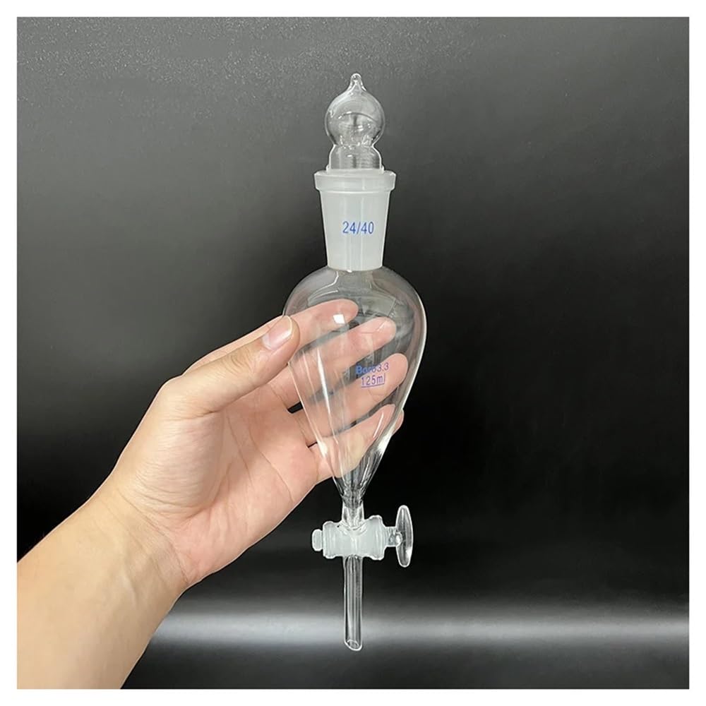 Cristalería de Laboratorio Embudo de decantación con tapón de vidrio esmerilado, capacidad de 125 ml, junta de vidrio 24/40, válvula de conmutación