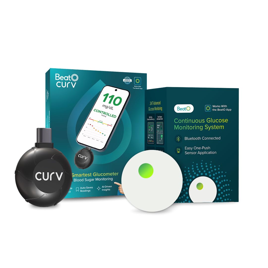 beato combo: curv glucometer machine (type-c) + 15-day cgm continuous glucose monitor | smart sugar test machine for home | real-time blood sugar monitoring device with strips | best glucometer for accurate results
