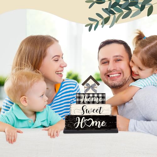 Image of Yuntau 6 Pcs Farmhouse Table Decorations Home Sweet Home Tabletop Centerpiece Wooden Black and White Plaid Table Topper Signs for Kitchen Shelf Desk Decor Housewarming Gifts Holiday Party Supplies