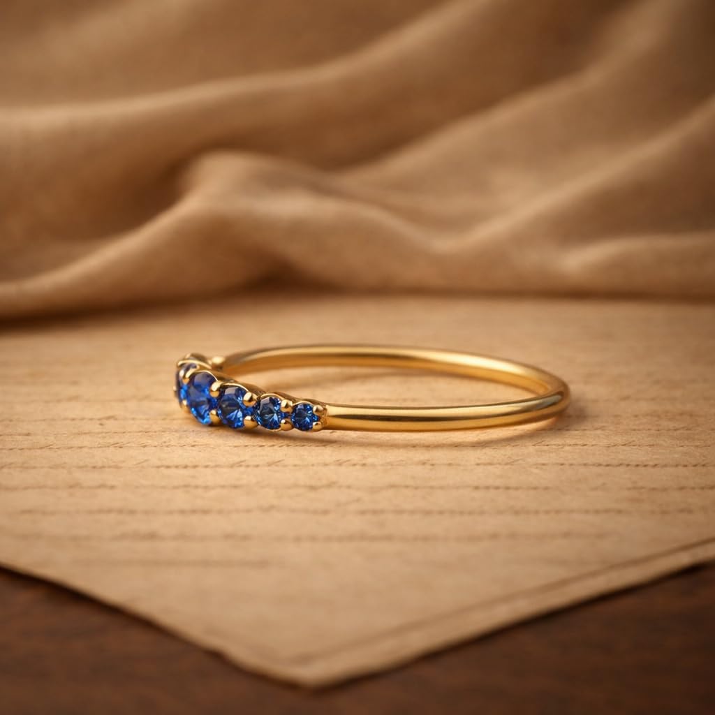 Blue Sapphire Half Eternity Ring 14K Yellow Gold Dainty Stackable Wedding Band Graduated Round Blue Gemstone Promise Ring September Birthstone Gift for Women - Image 6