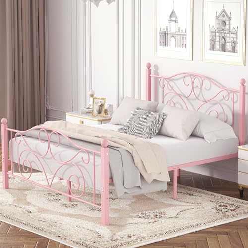 Image of VECELO Queen Size Bed Frame with Headboard and Footboard, Heavy Duty Metal Slat Support, Platform Mattress Foundation, No Box Spring Needed, Easy Assembly, Light Pink
