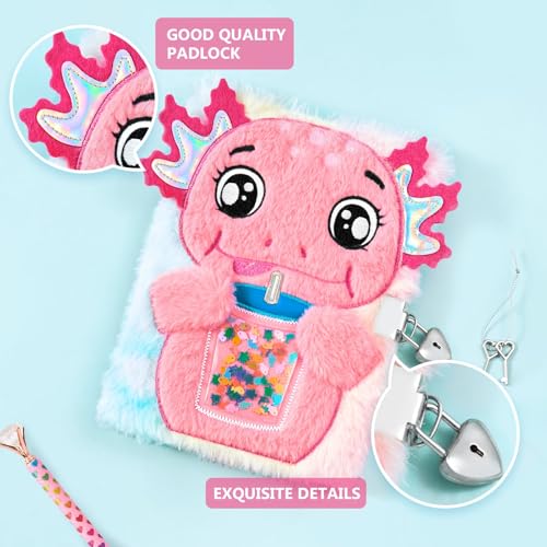 WEINNSAI Axolotl Plush Journal Set for Kids, Adorable Secret Diary Set with Lock, Key, Pen,Stickers, School Travel Notebook for Writing Drawing, Birthday Gifts for Girls Ages 6-8
