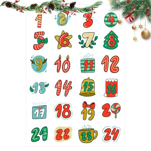 Nankoyal Adhesivos Navideños Para Manualidades - Calcomanías De Conteo Navideño | Calendario de Adviento Numeros 1-24 Para Contagem Regressiva - Para Envases De Comida Botellas De Agua Niño Y Adulto