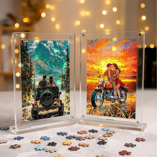 Image of Mini Leaves Couple on a Bike Acrylic Frame Jigsaw Puzzle 140 Pieces | Romantic Desk Decor with Display Frame | Premium Collectible Gift for Couples Friends & Puzzle Lovers