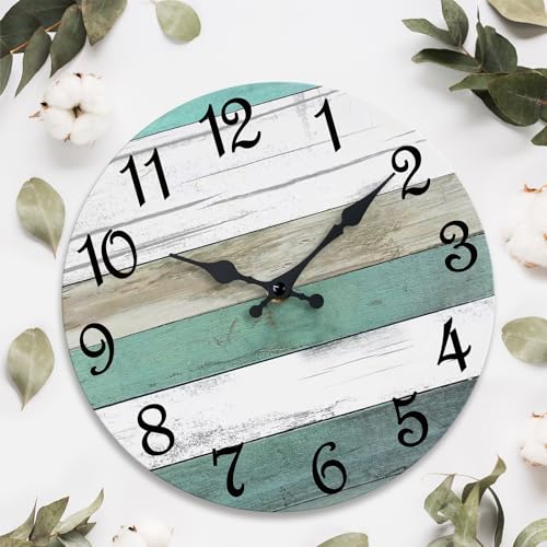 Image of CHYLIN Wall Clock,12 Inch Wall Clocks Battery Operated Silent Non Ticking, Teal Turquoise Rustic Clock Decorative for Kitchen Bathroom Bedroom Living Room(Bronze White)