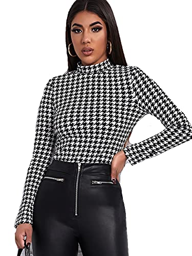 Milumia Women's High Neck Zebra Print Pullovers Long Sleeve Top Black Houndstooth Small