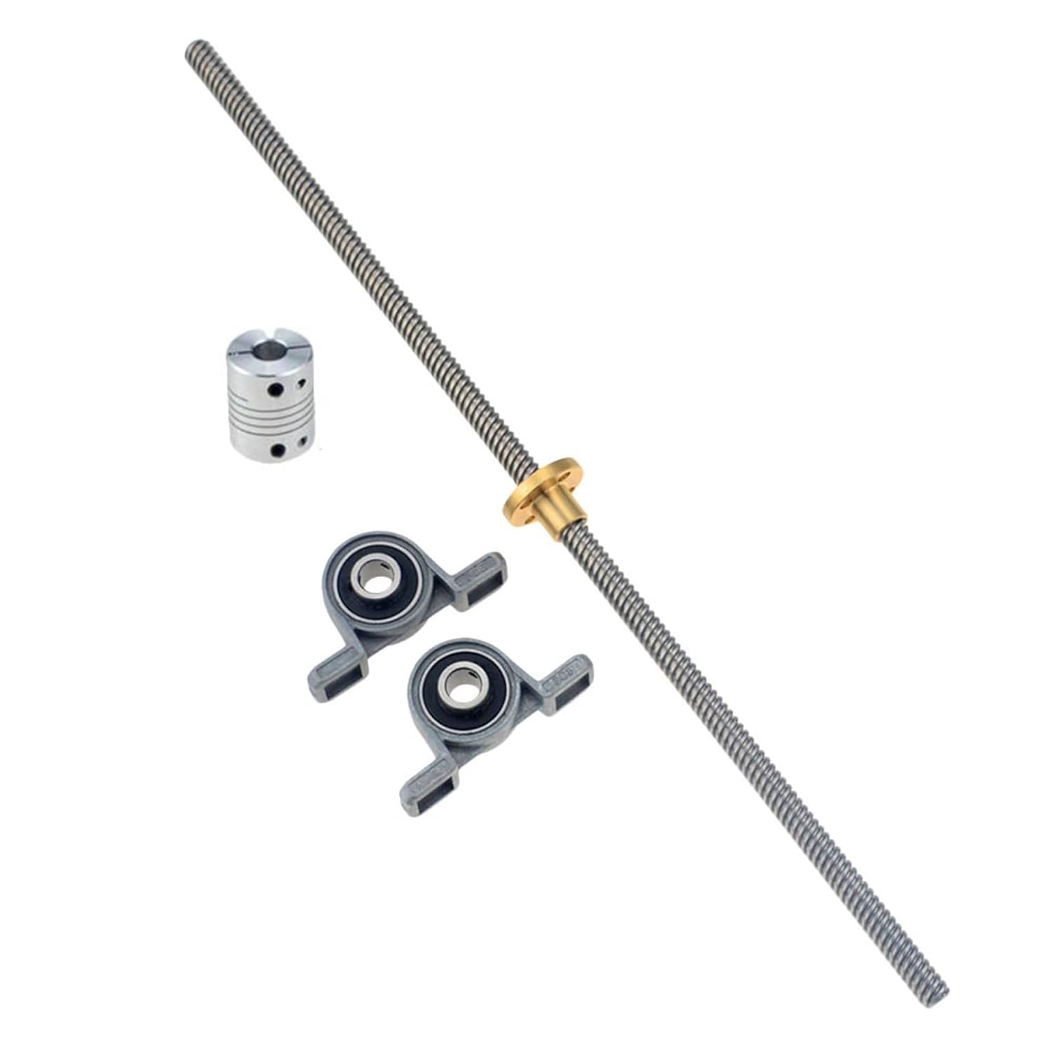 1Set 3D Printer CNC T8 Lead Screw 8mm Length 100-800mm + Brass Copper Nut + KP08 Bearing Bracket + Flexible Coupling 8x8 (Size : Pitch 2mm Lead 2mm, Style : 100mm)