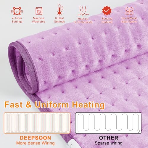 Image of Deepsoon Heating Pad,Electric Heating Pads for Back,Neck,Moist Heating Pad for Abdomen Shoulder Knee Legs,Dry /Moist Heat&Auto Shut Off,Mother's Day Birthday for Men and Women,Light Purple,24x12 Inch