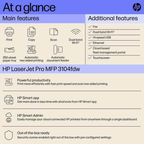 Image of HP LaserJet 3104fdw Duplex Printer: Print, Copy, Scan, Self Reset Dual Band WiFi with self heal, Ethernet, Fast Printing Upto 33ppm, Easy and Secure Setup