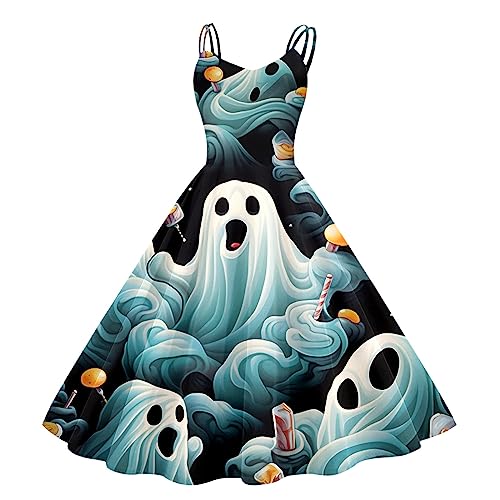 Vestido Halloween Mujer, Disfraz Halloween Mujer Adulta, Cuello Bajo Sin Manga Con Divertidos Patrón Impreso Plisada Tirantes Disfraz Medieval Cintura Alta Terror Fiesta Máscaras Cóctel Noche Vestidos