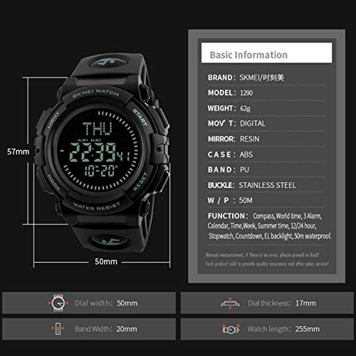 Men’s Military Sports Digital Watch With Survival Compass 50M Waterproof Countdown 3 Alarm Stopwatch (Black) (Black) (Black) #TOP7