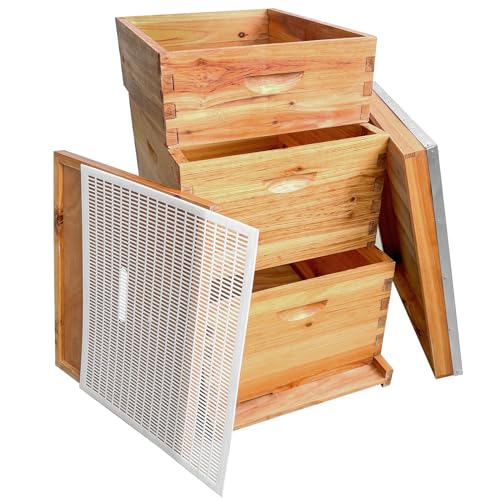 Jwevvie 3-Layer Bee Hive Beehive Kit Langstroth Bee Hive Coated with 100% Beeswax Includes 2 Deep Bee Boxes 1 Medium Bee Hive Super for Beginners (No Frame)