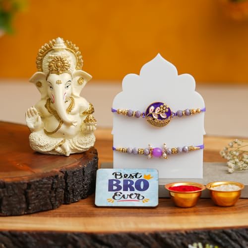 Image of eCraftIndia Set of 2 Designer Rakhis for Brother with Lord Ganesha Showpiece, Best Bro Ever Fridge Magnet & Roli Chawal Pack | Purple Designer Rakhi | Raksha Bandhan Gift for Brother